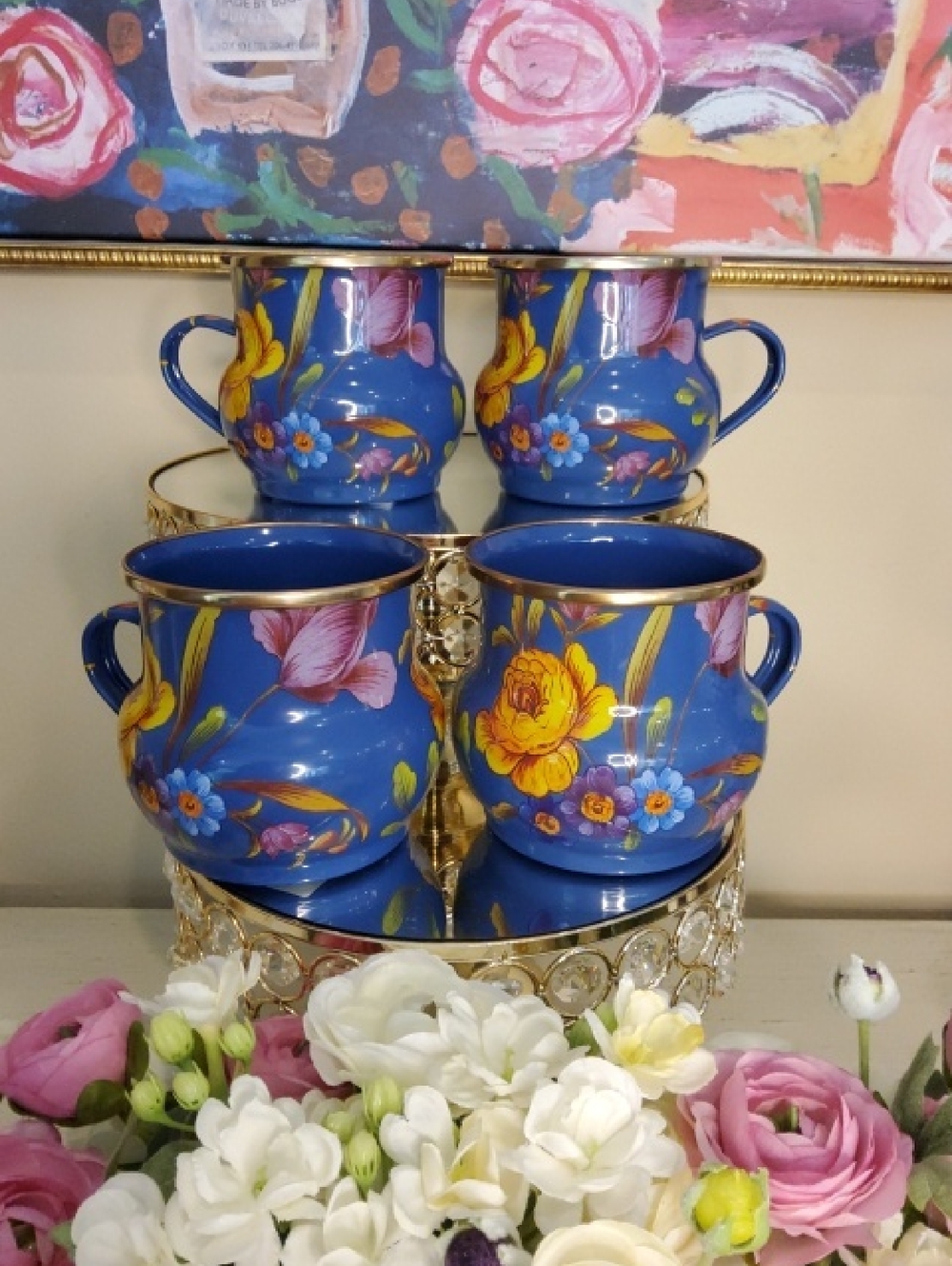 MacKenzie-Childs RETIRED Blue Flower Market Mugs with Gold Trim - Set of 4